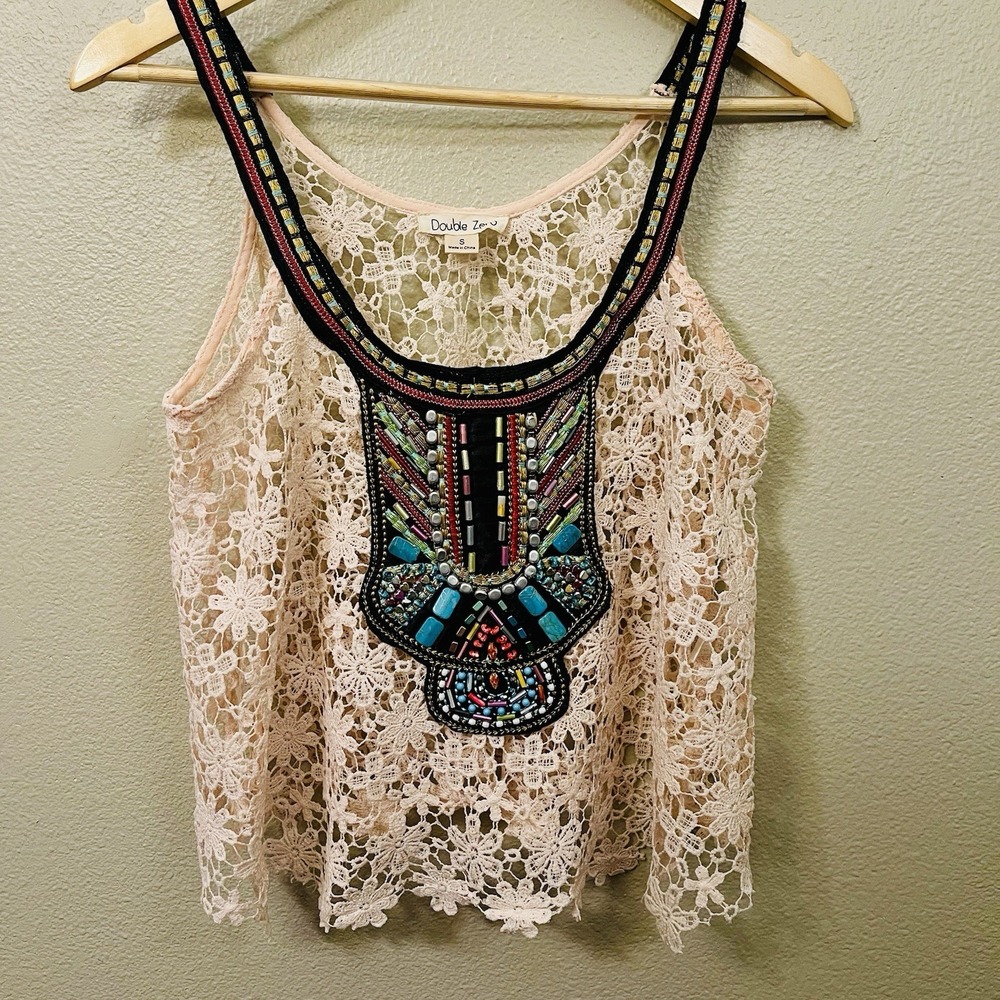 Double Zero Lace Bead Embellished Festival Top BlushPink Boho Indie‎ Hippie Sz S